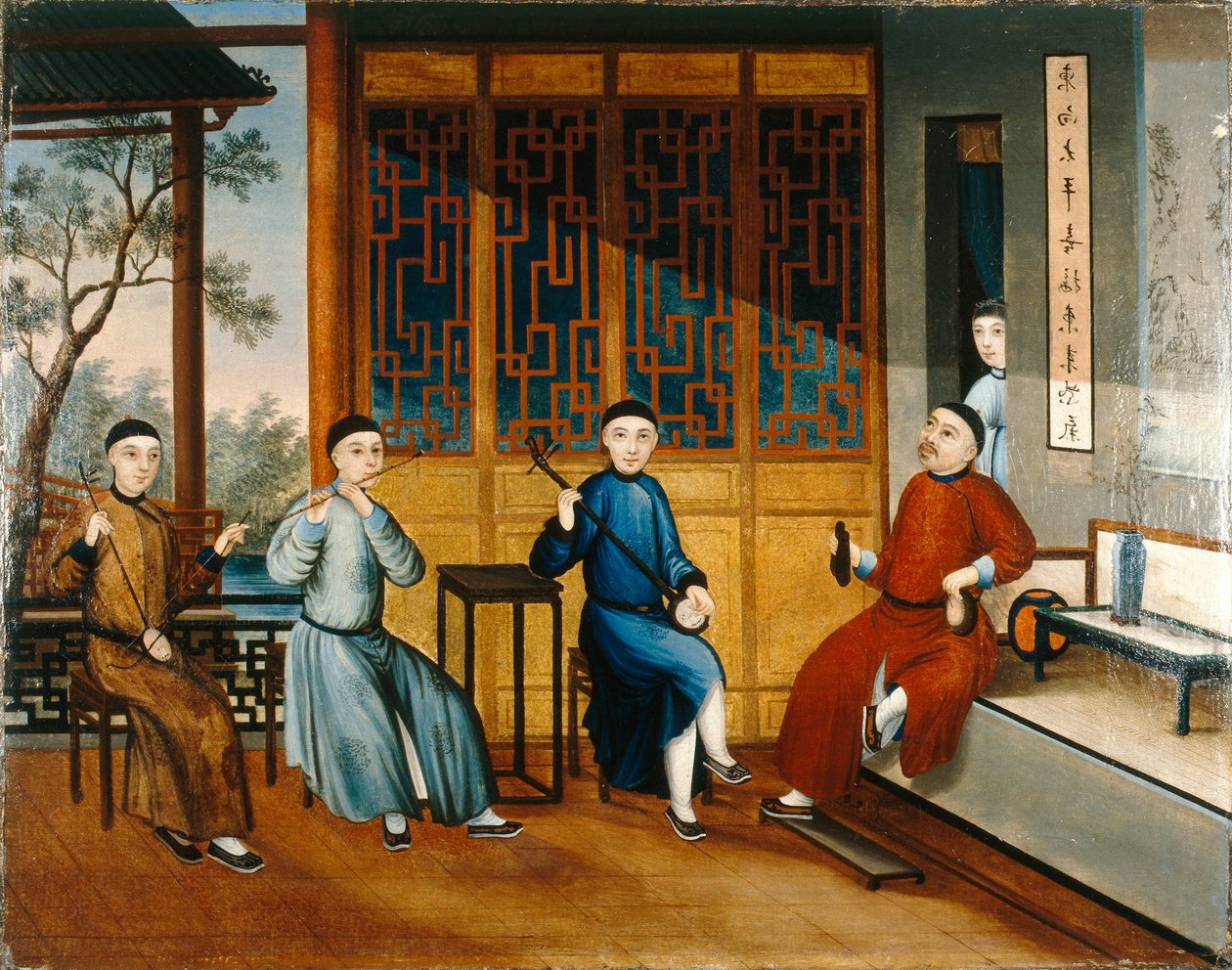 En trio af musikere, ca. 1800 (olie på lærred) af Qing Dynasty Chinese School