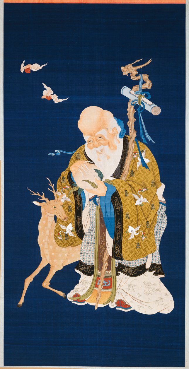 En stor kesi hængende rulle, der forestiller Shoulao, der holder en fersken og omfavner en rodstav med et dragehoved ved siden af en hjort og to flagermus under flugten, 1796-1820 af Qing Dynasty Chinese School