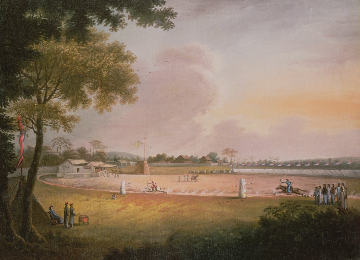 En bueskydningsturnering ved en militærlejr, ca. 1850 af Qing Dynasty Chinese School