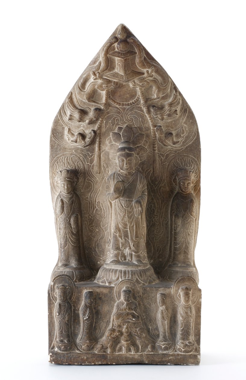 Buddhistisk treenighed i relief på lotus piedestaler før spids baggrund af Qing Dynasty Chinese School