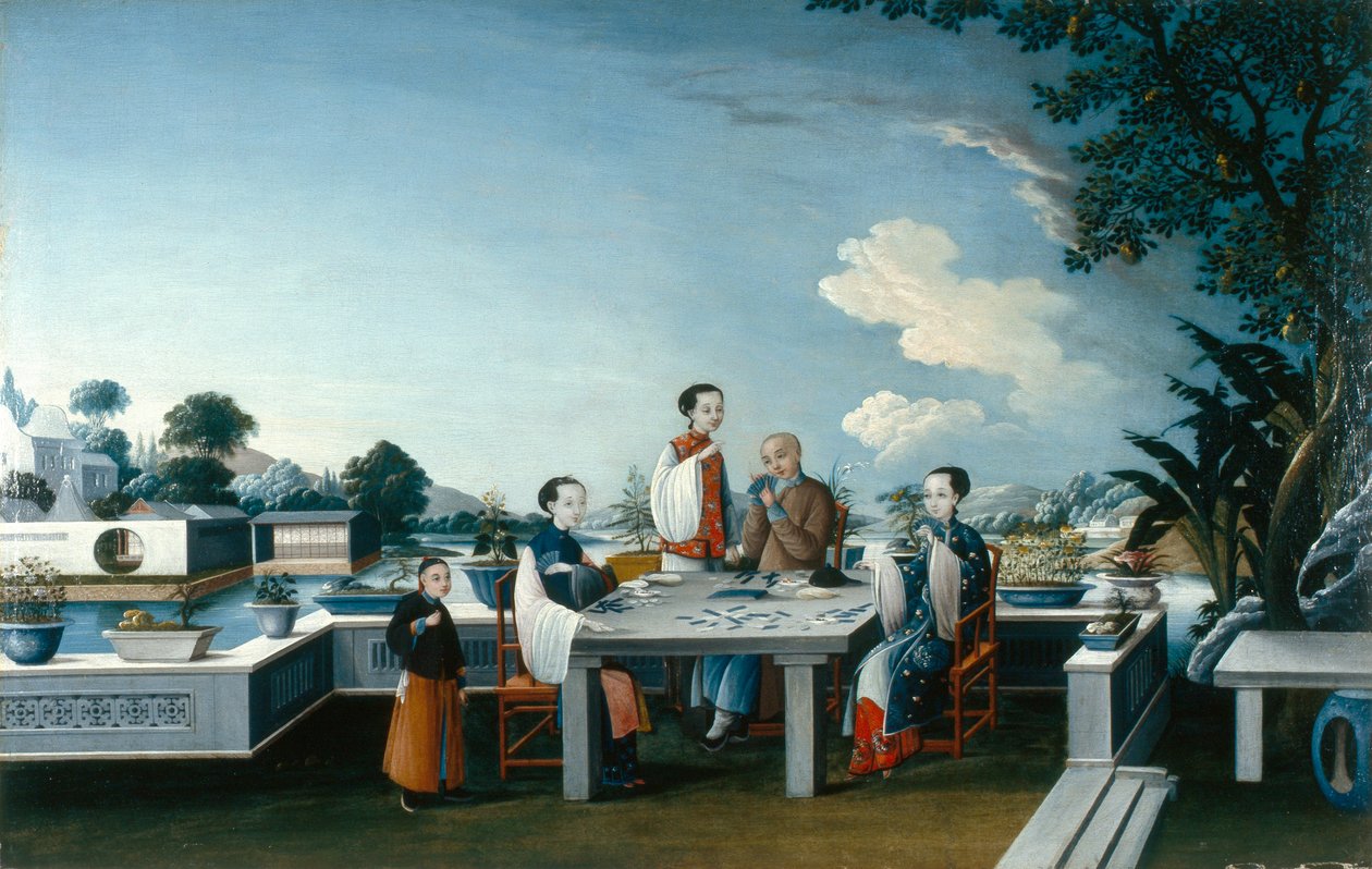 Kortspillere på en åben terrasse, ca. 1800 (olie på lærred) af Qing Dynasty Chinese School
