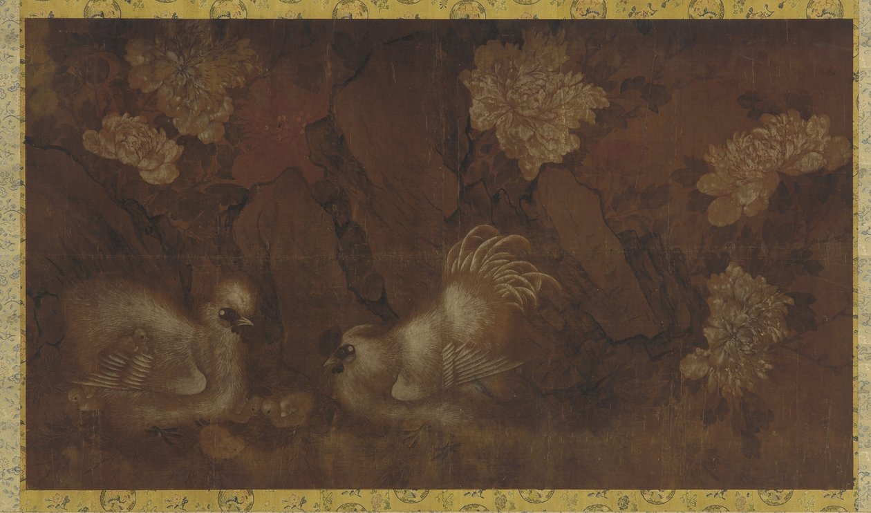 Hane, høne og høns nær pæonbuske (blæk og farve på silkepanel) af Qing Dynasty Chinese School