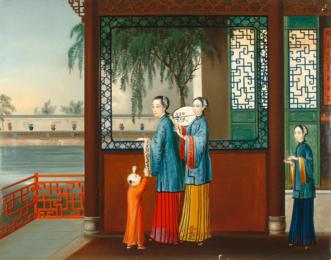 Hjemligt interiør, ca. 1800 (olie på lærred) af Qing Dynasty Chinese School