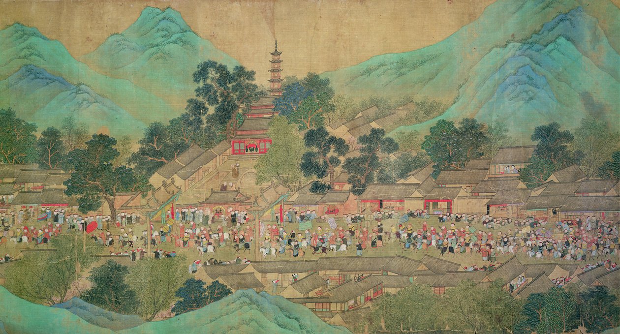 Kejser Kang Shis tur til Kiang-Han i 1699, efter Chaio Ping Chen (1661-1722) (blæk og farve på silkepapir) af Qing Dynasty Chinese School