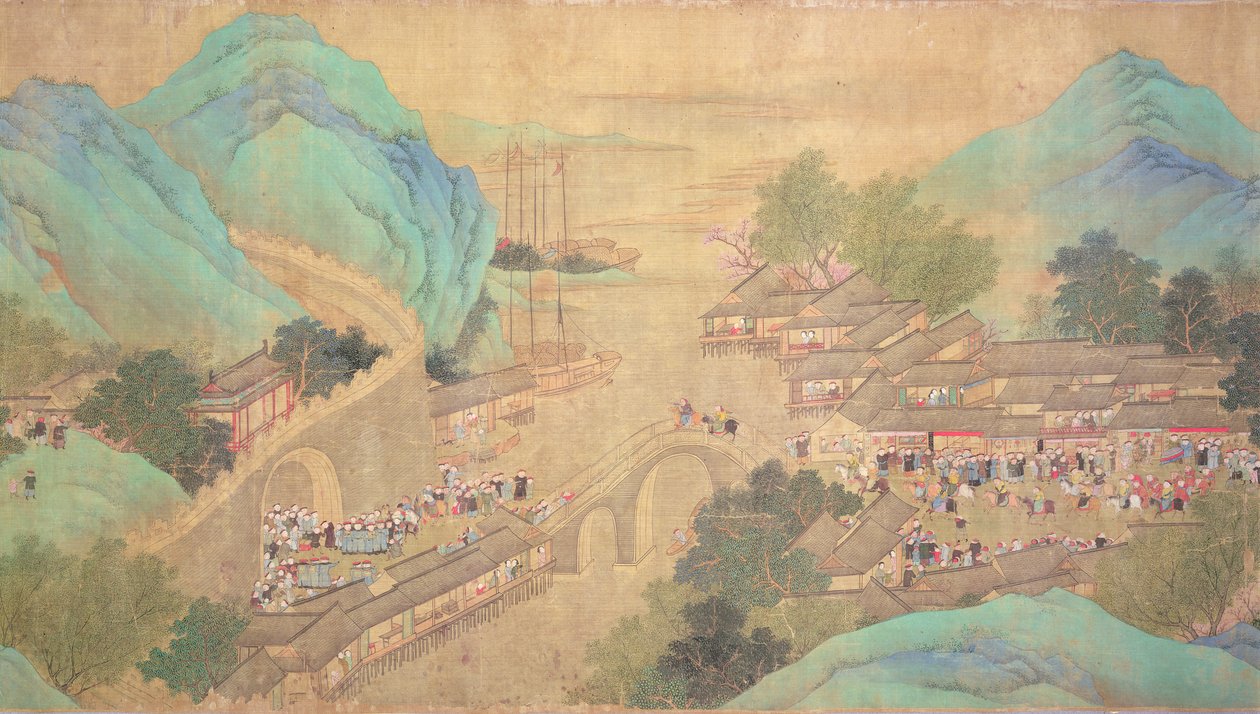 Kejser Kang Shis tur til Kiang-Han i 1699 efter Chaio Ping Chen (1661-1722) (blæk og farve på papir med silkebaggrund) af Qing Dynasty Chinese School