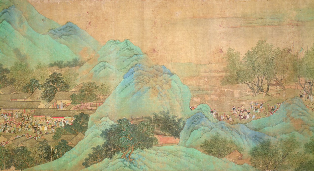 Kejser Kang Shis tur til Kiang-Han i 1699, efter Chaio Ping Chen (1661-1722) (blæk og farve på silkepapir) af Qing Dynasty Chinese School