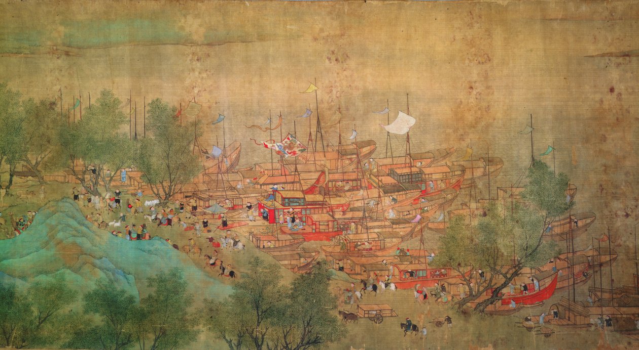 Kejser Kang Shis tur til Kiang-Han i 1699, efter Chaio Ping Chen (1661-1722) (blæk og farve på silkepapir) af Qing Dynasty Chinese School