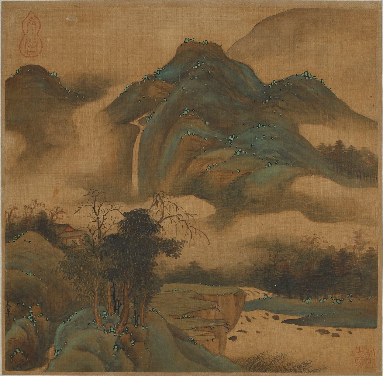 Ser på et vandfald fra en bjerghytte af Qing Dynasty Chinese School