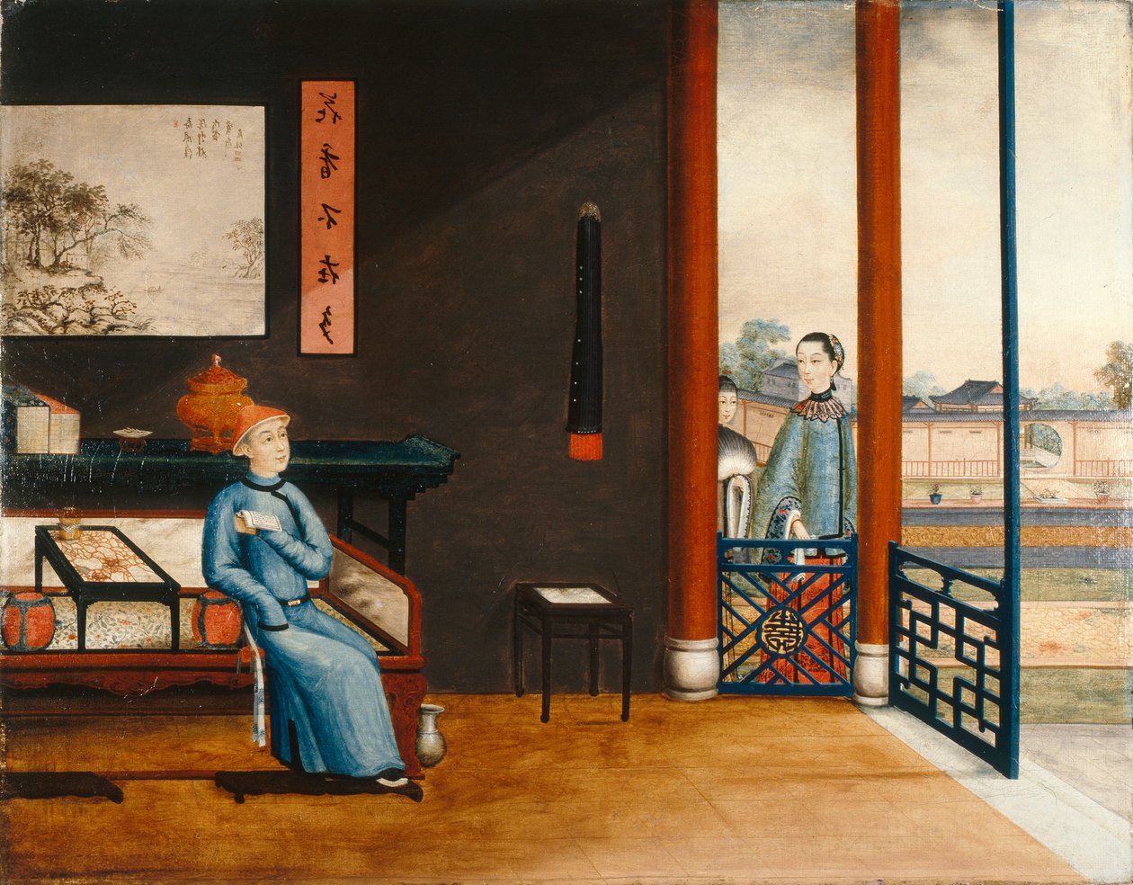 Gentleman, der læser på en seng, ca. 1800 (olie på lærred) af Qing Dynasty Chinese School