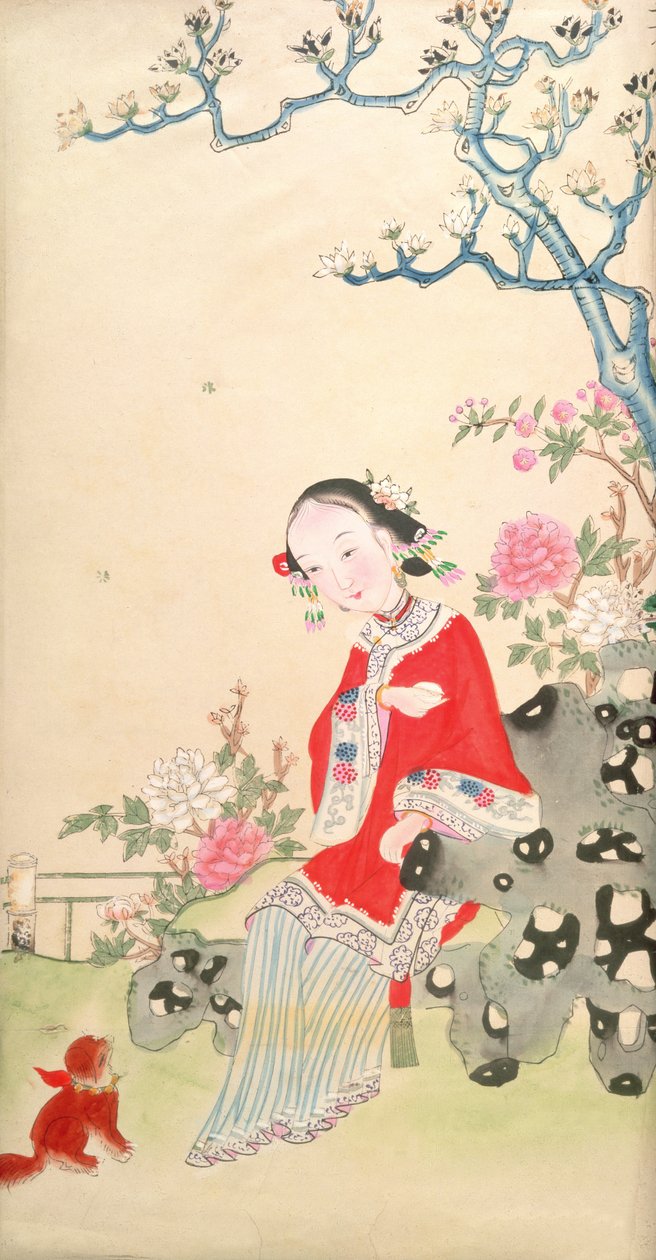 Pige siddende på en rustik klippestol af Qing Dynasty Chinese School