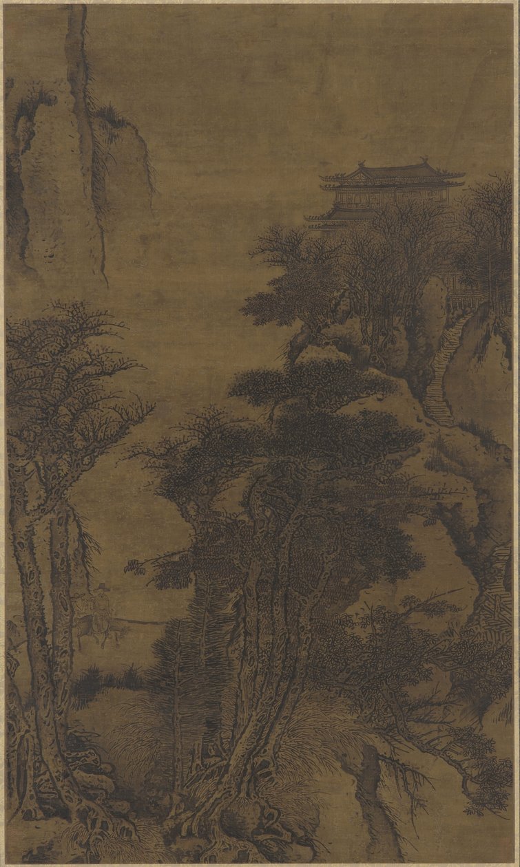 Landskab med tempel og rejsende af Qing Dynasty Chinese School