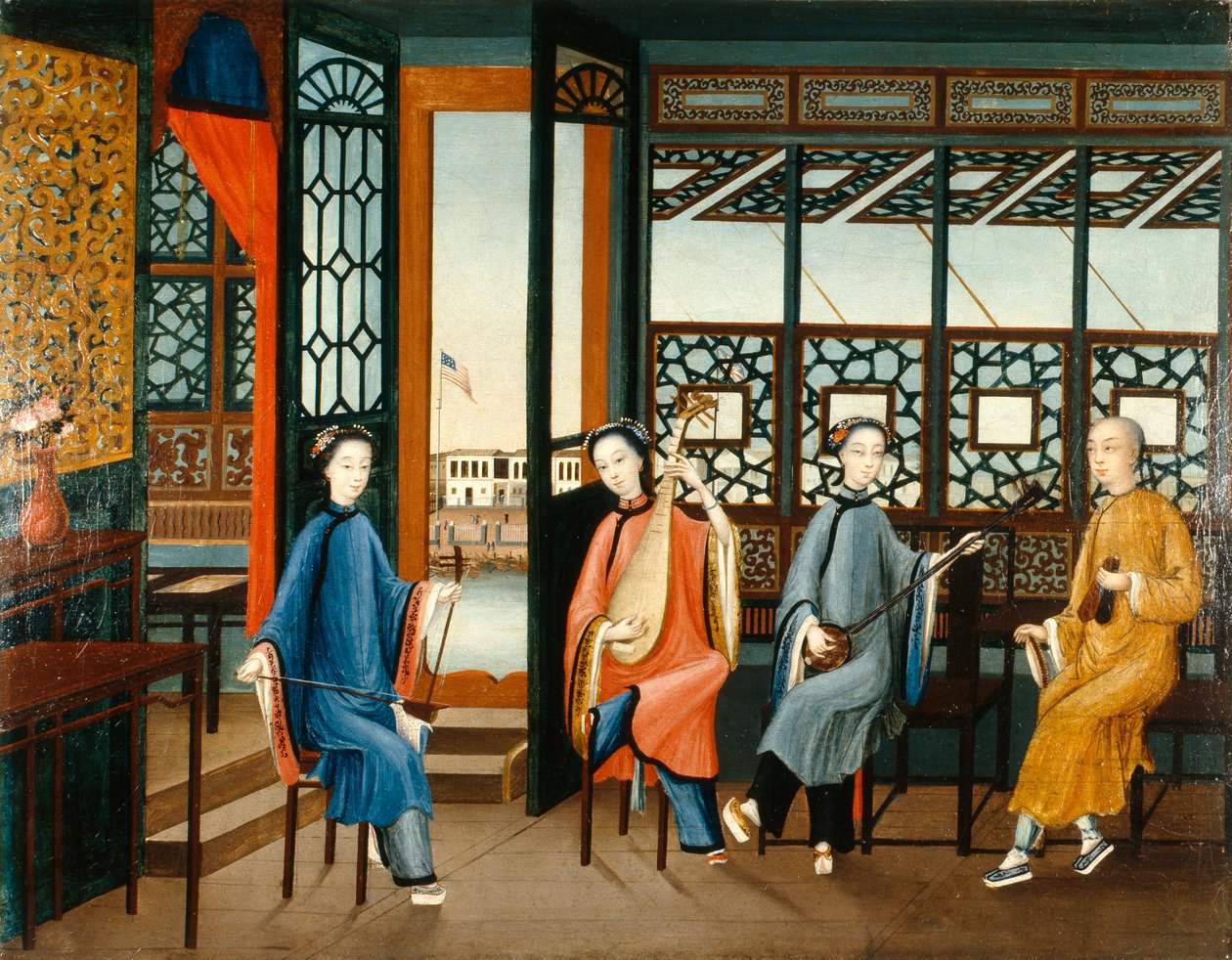 Musikalsk kvartet med amerikansk flag, ca. 1800 (olie på lærred) af Qing Dynasty Chinese School
