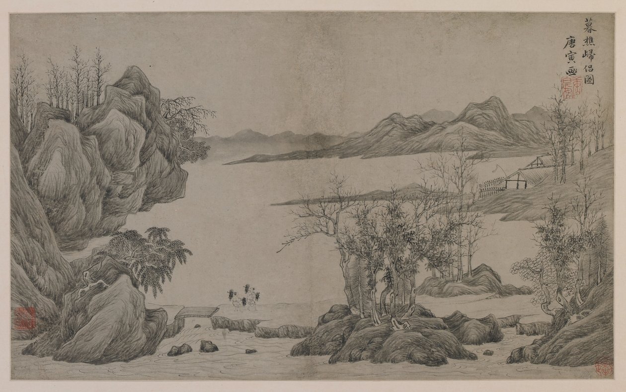 Flodlandskab og træsamlere (blæk på papir) af Qing Dynasty Chinese School