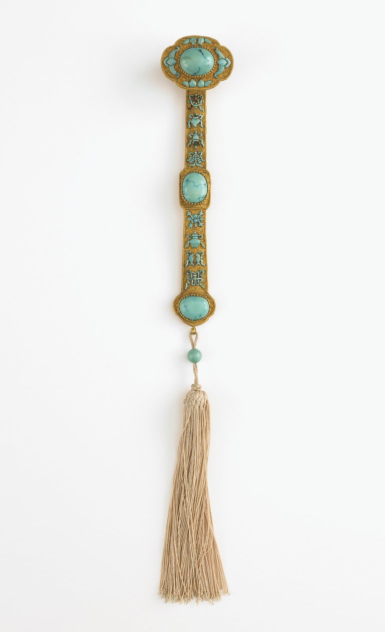 Ruyi scepter, Qianlong regeringstid (guld, turkis og silke) af Qing Dynasty Chinese School
