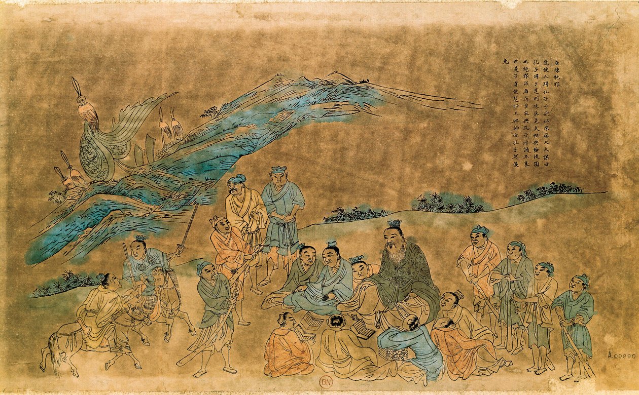 Den kinesiske filosof Confucius (Kong Fu Zi) (551-479 f.Kr.) omgiver sine disciple (akvarel) af Qing Dynasty Chinese School