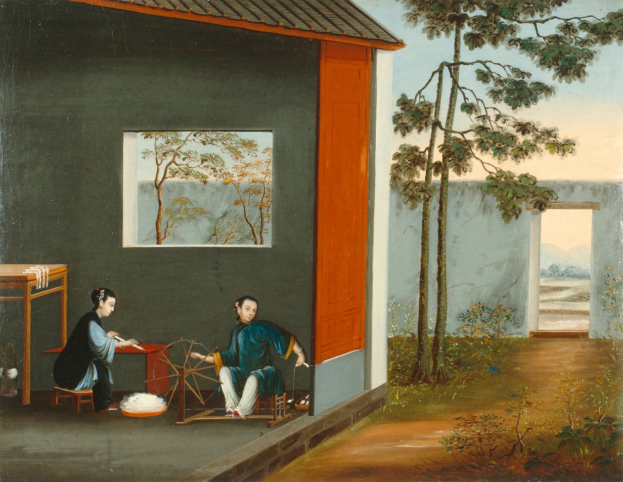 To kvinder, der spinder, ca. 1800 (olie på lærred) af Qing Dynasty Chinese School
