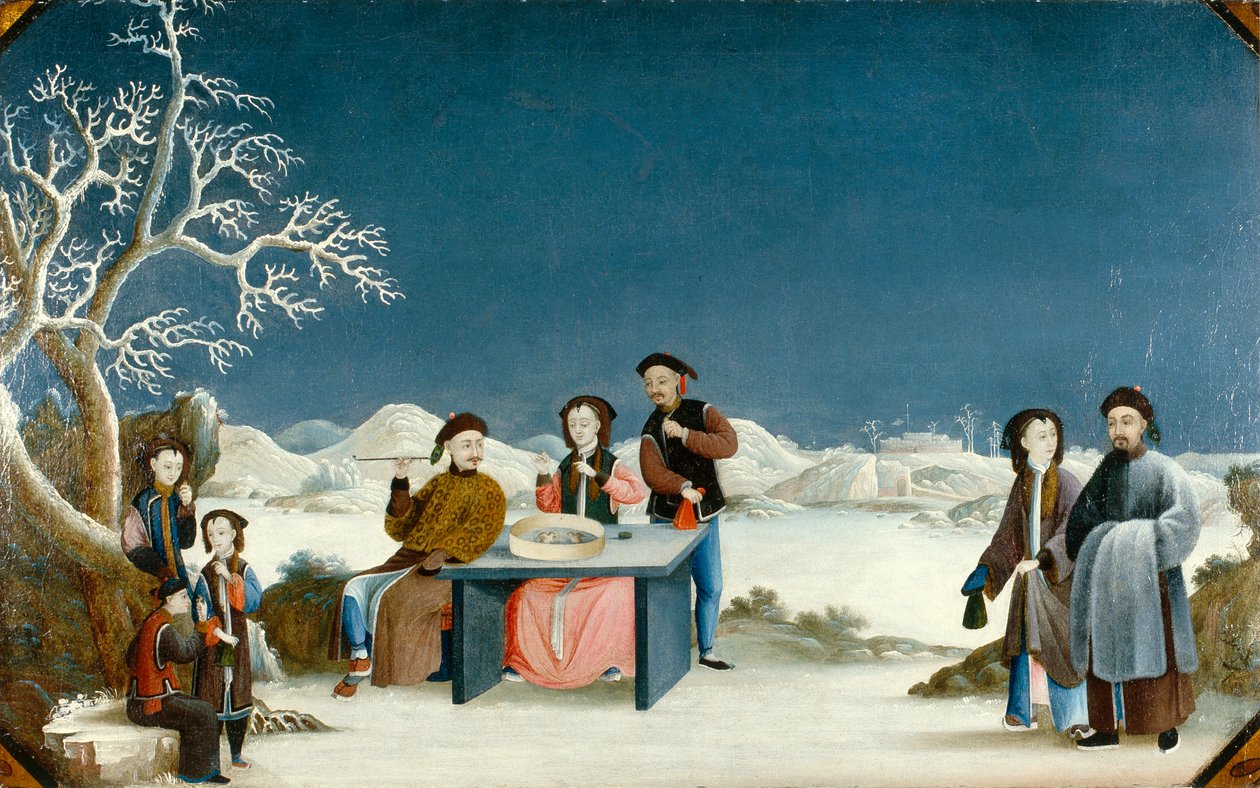Vinterscene med fjerntliggende fæstning, ca. 1800 (olie på lærred) af Qing Dynasty Chinese School