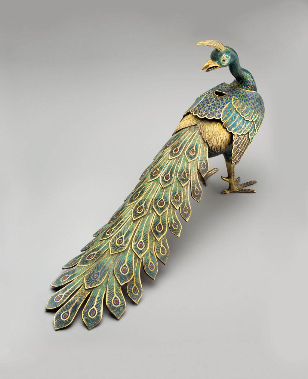 Cloisonne røgelseskar i påfugleform af Qing Dynasty   Qianlong Period Chinese School