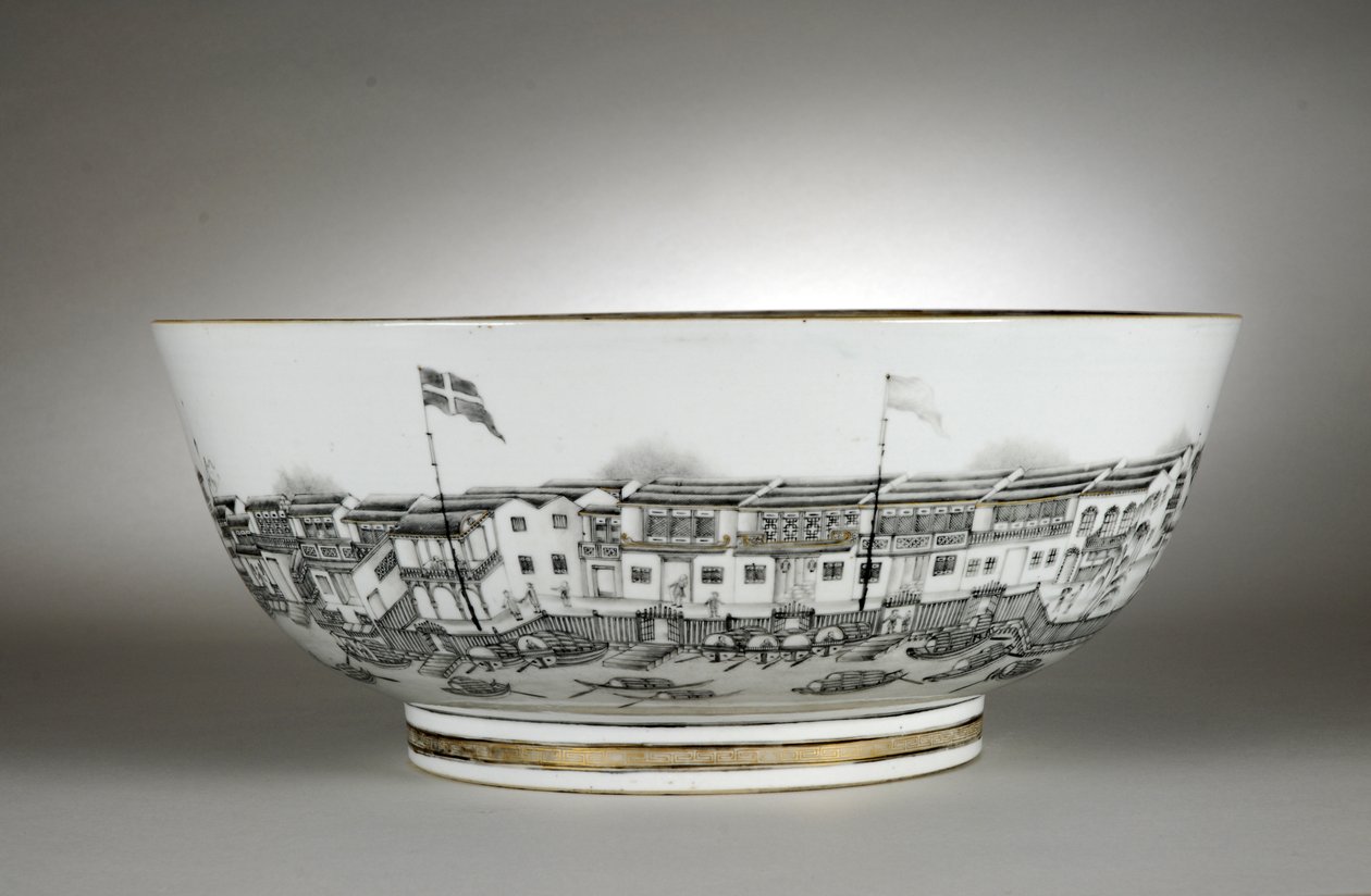 Punch skål malet med varehuse eller Hongs, Canton (Guangzhou) af Qing Dynasty   Qianlong Period Chinese School
