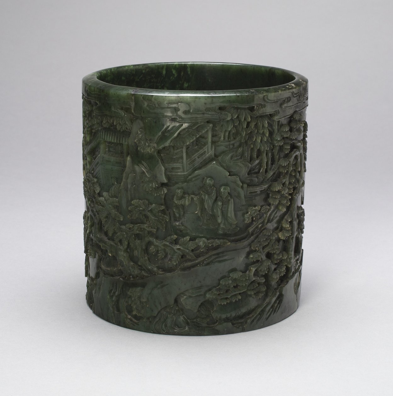 Børstepotte med lærde og ledsagere i et bjergrigt landskab (jade med udskåret dekoration) af Qing Dynasty Chinese School