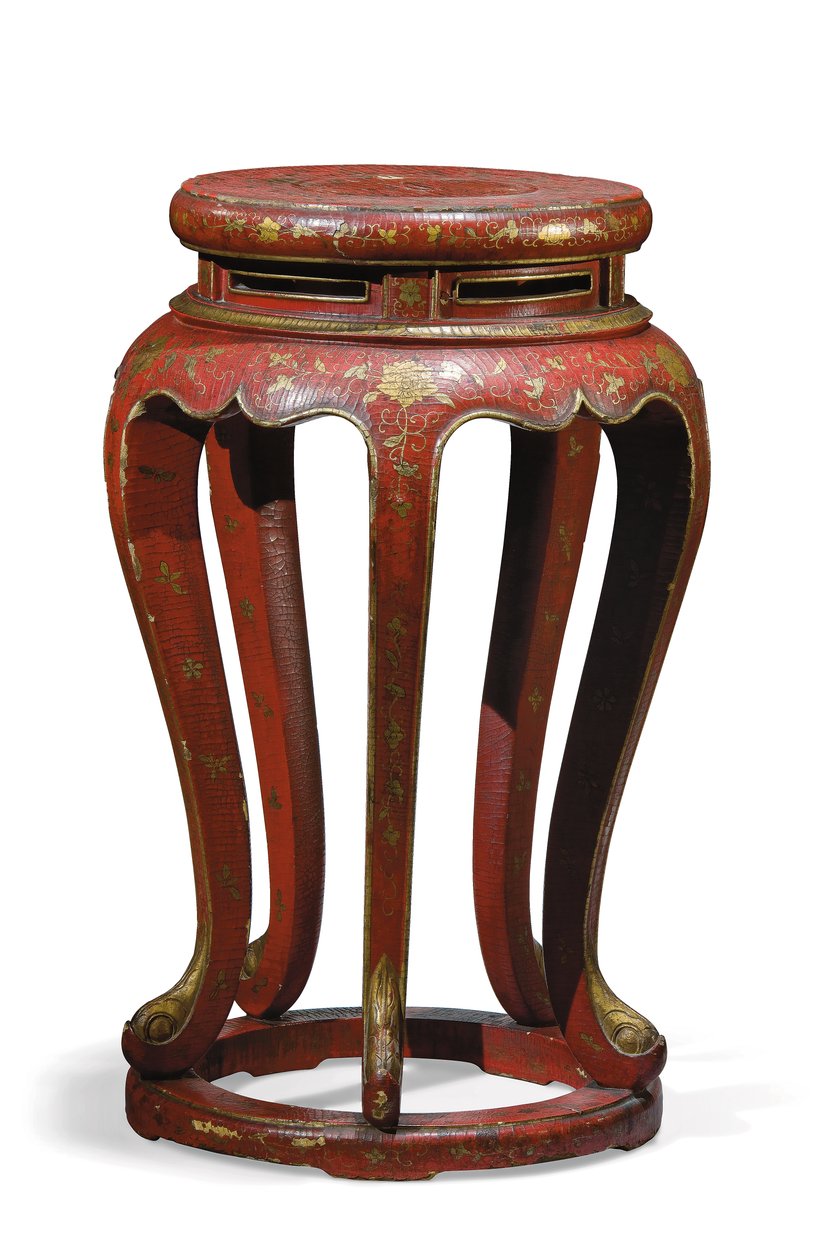 Jardinière (lakeret i rødt med guld, brun og grøn detalje) af Qing Dynasty Chinese School
