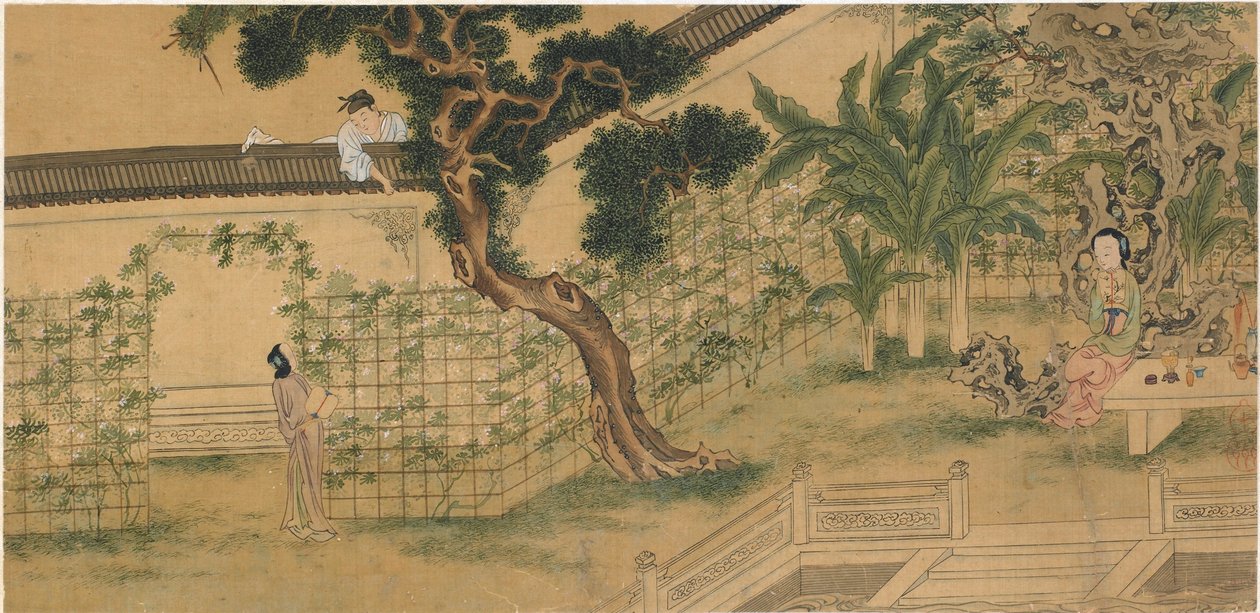 Scene fra skuespillet Romance of the West Chamber, af Wang Shifu, 1500-tallet. af Qiu Ying