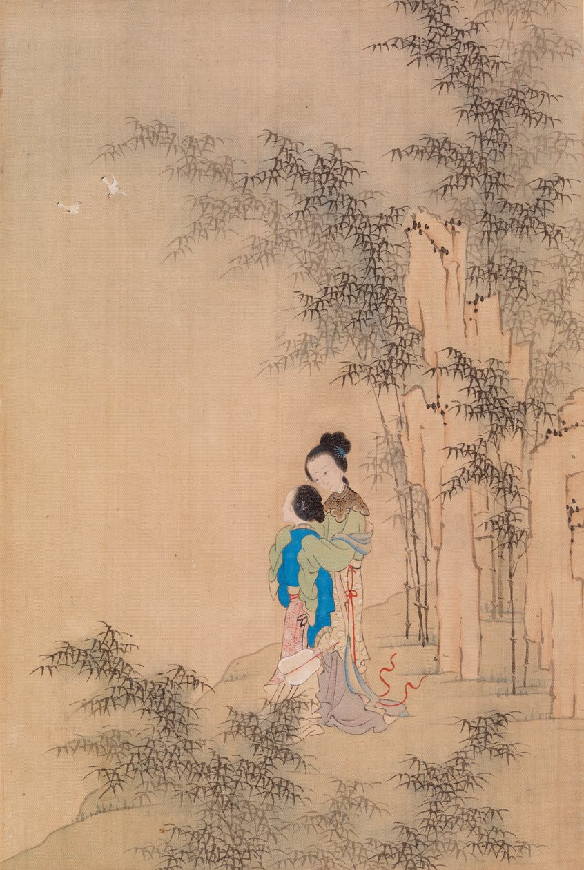 To skikkelser omfavnende i landskab af Qiu Ying
