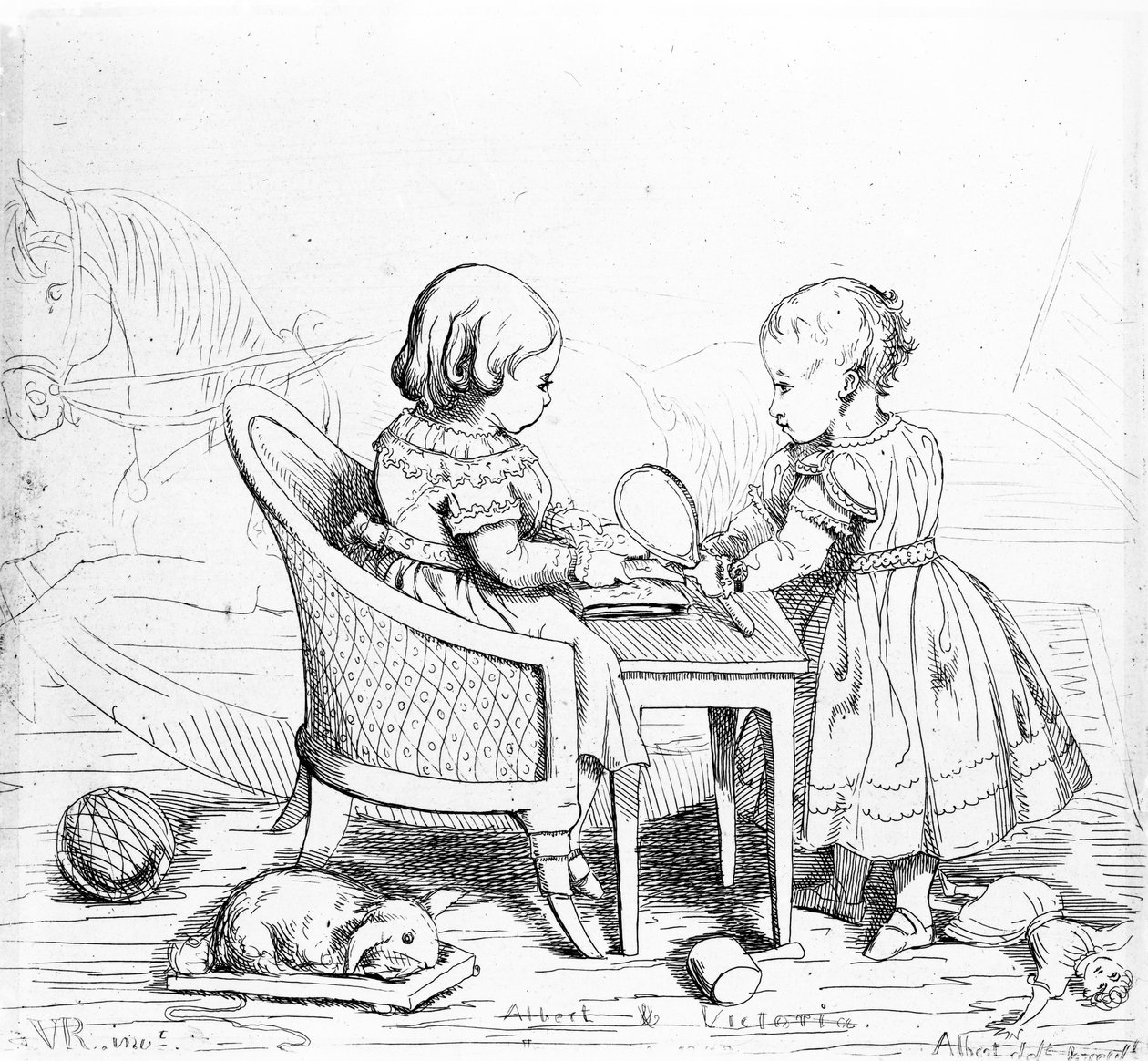Albert, Prince of Wales og Victoria, The Princess Royal, graveret af Prince Albert, ca. 1843 af Queen Victoria