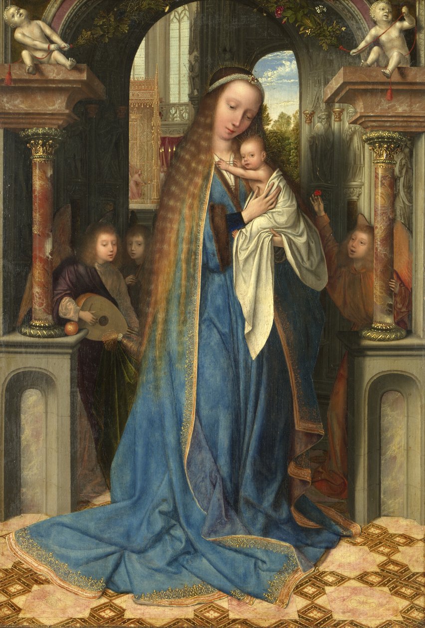 Madonnaen stående med barnet og englene, ca. 1500-09 af Quentin Massys or Metsys