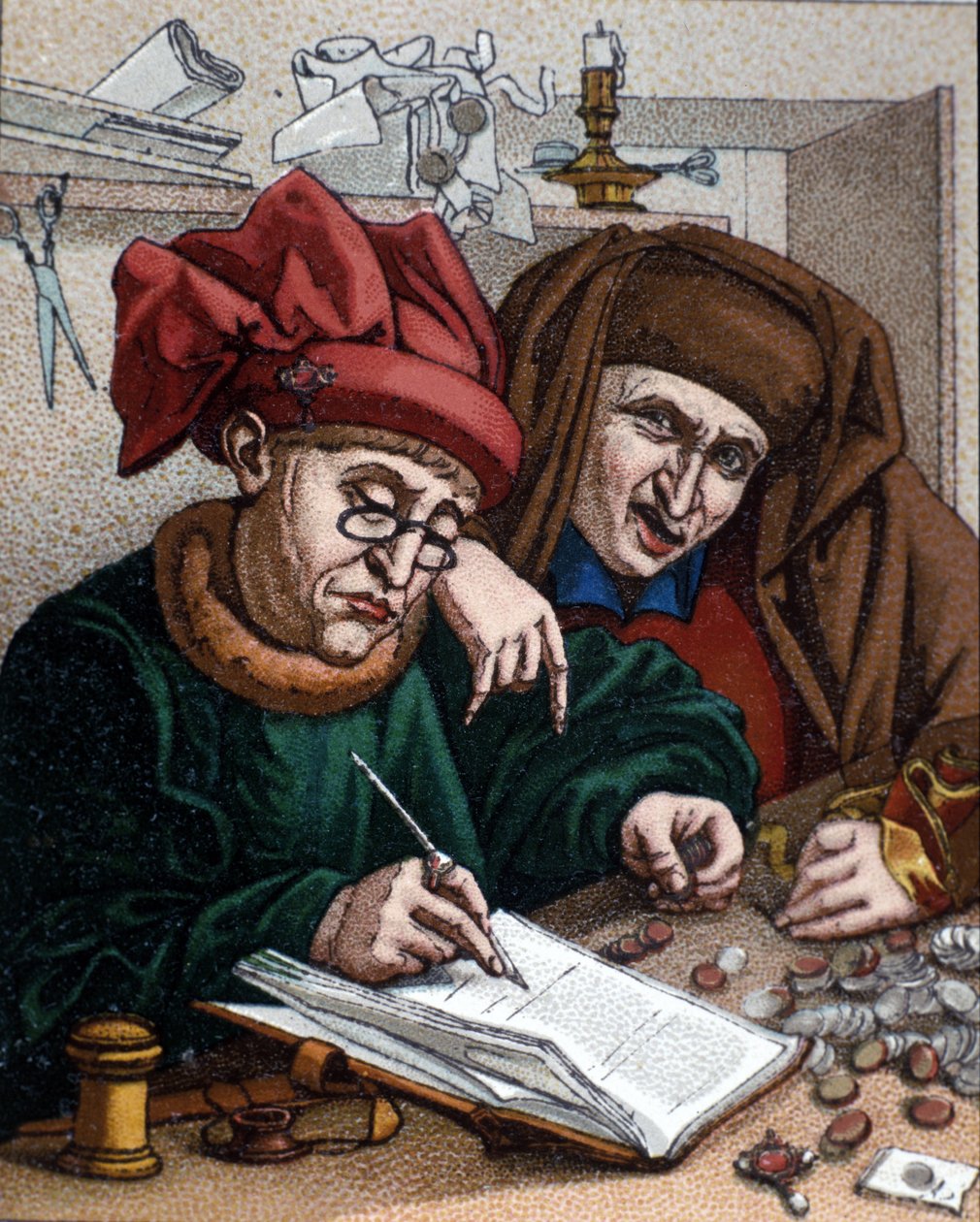Penge långivere. Denne aktivitet førte til oprettelsen af banker. Illustration inspireret af Metsys maleri. 19. århundrede af Quentin (after) Massys or Metsys