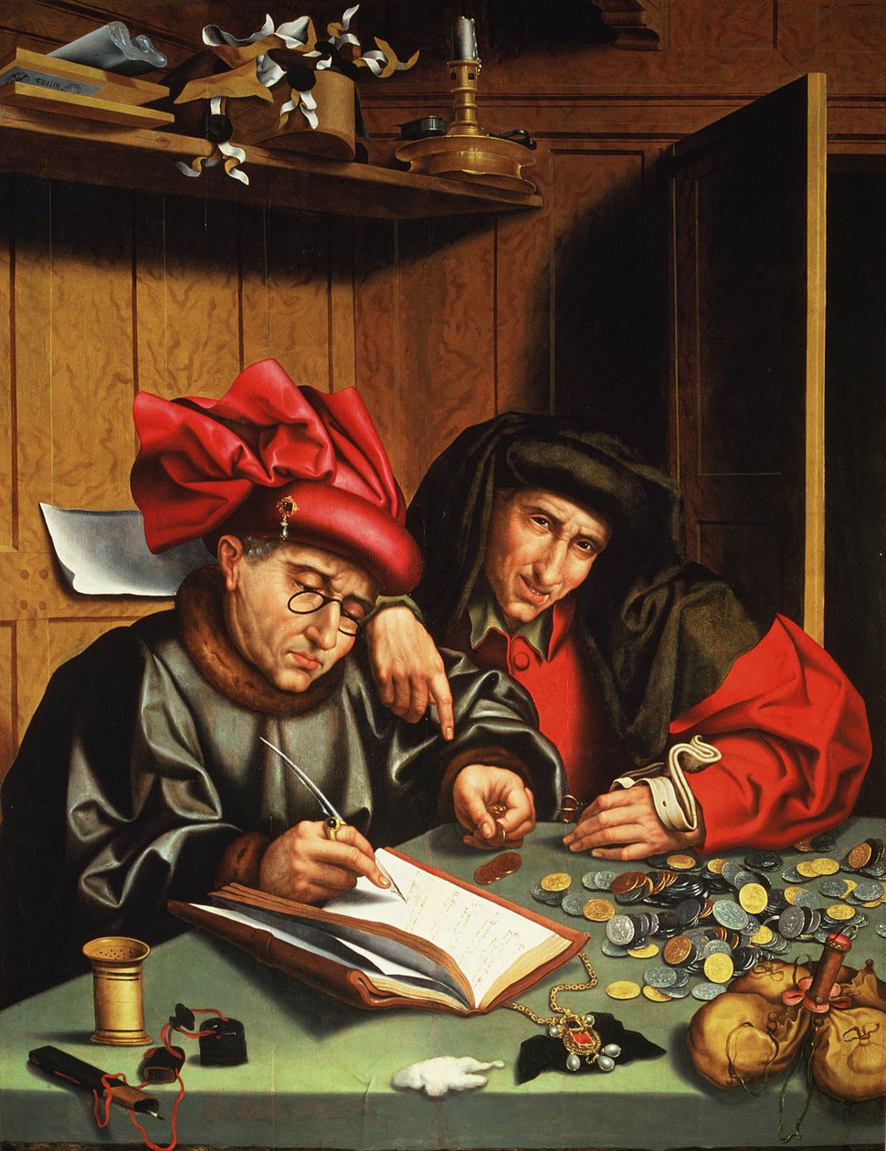 The Money Lenders (olie på egetræspanel) af Quentin (attr. to) Massys or Metsys