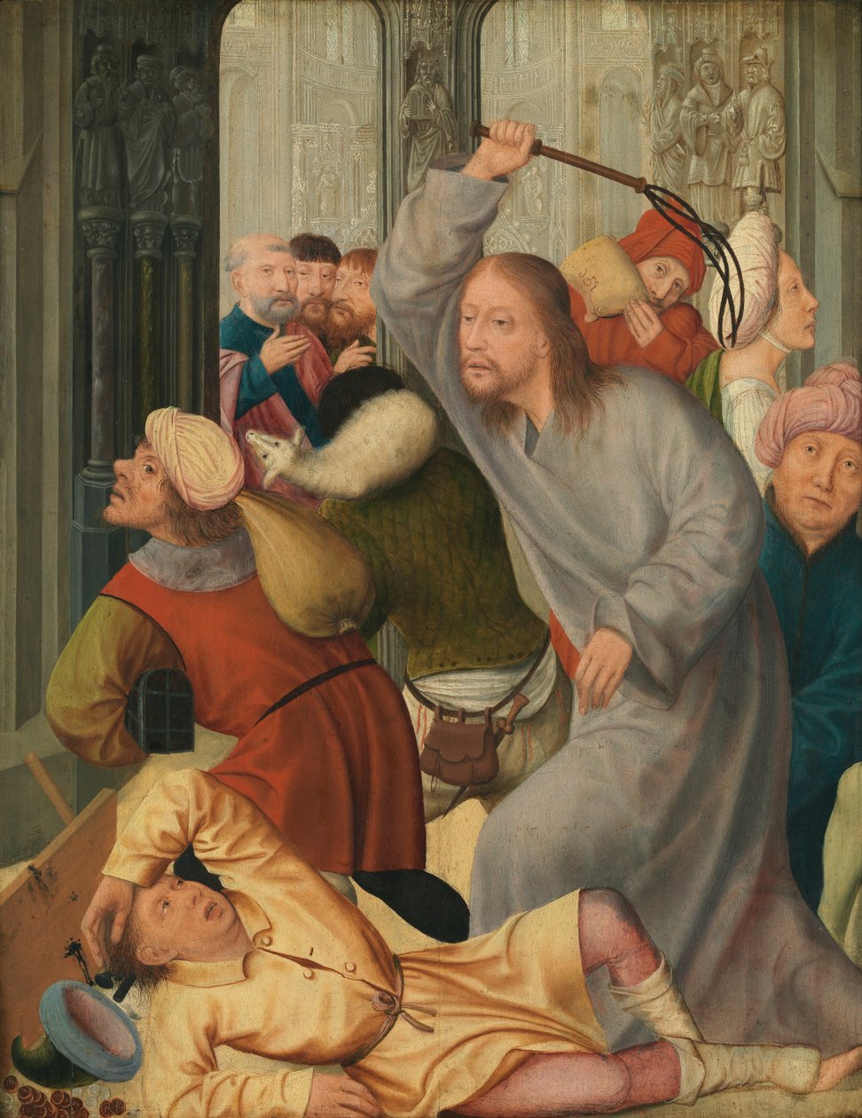 Kristus driver vekslerne fra templet (olie på panel) af Quentin Massys or Matsys