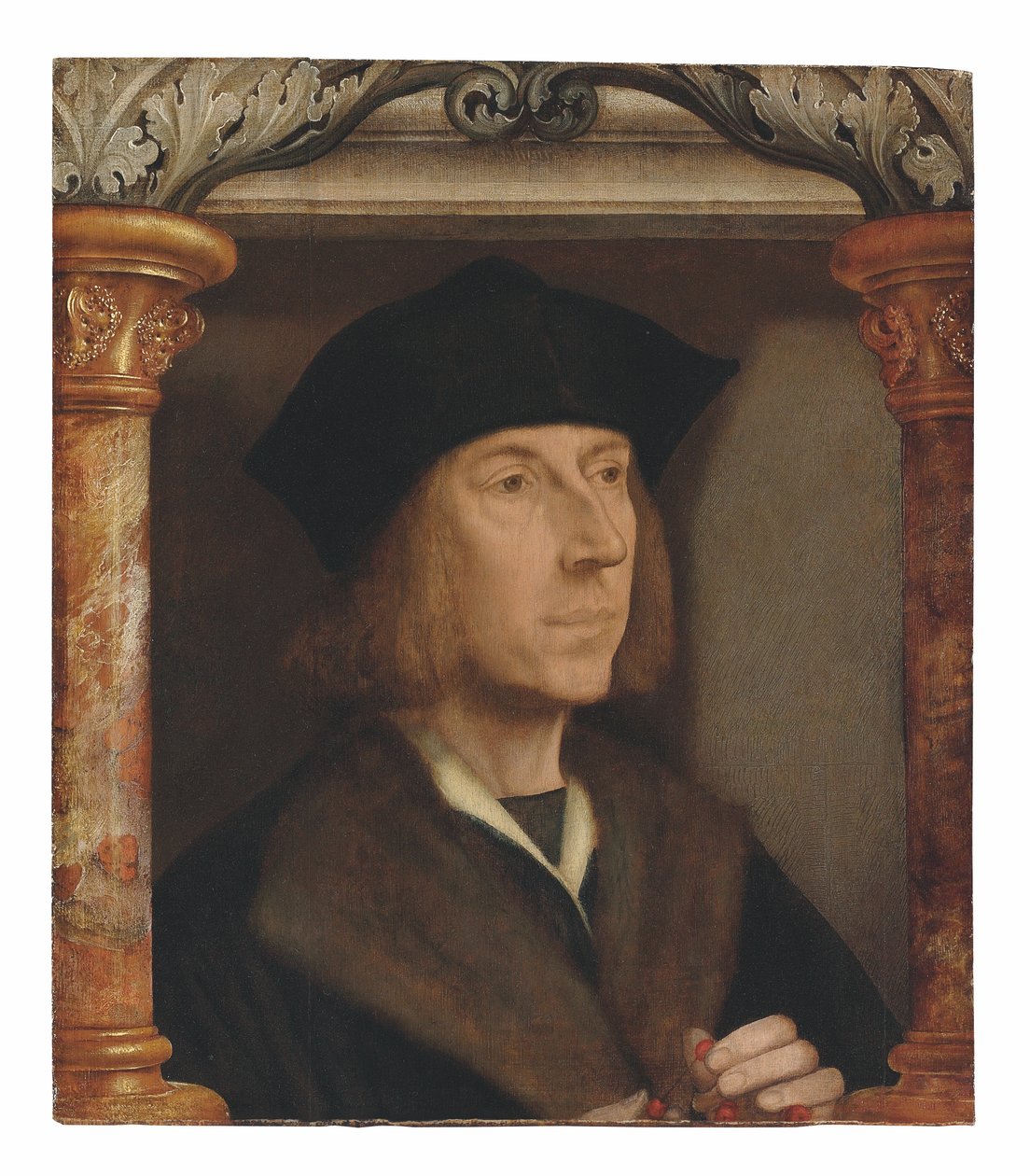 Portræt af en herre, i brystlængde, i en pelsforet frakke, der fortæller en rosenkrans, sat i en arkitektonisk ramme (olie på panel) af Quentin Massys or Metsys