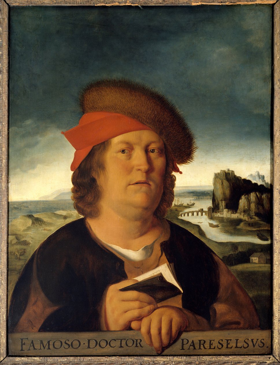 Formodet portræt af lægen Paracelsus (1493-1541) (Paracelsus Aracelsus eller Theophrastus Bombastus Von Hohenheim). Maleri. Kopi efter den tabte original af Metsys Quentin (1465/1466-1530). Mål: 0,72 x 0,54 cm. Musée du Louvre. - Formodet portræt af th af Quentin Massys or Metsys