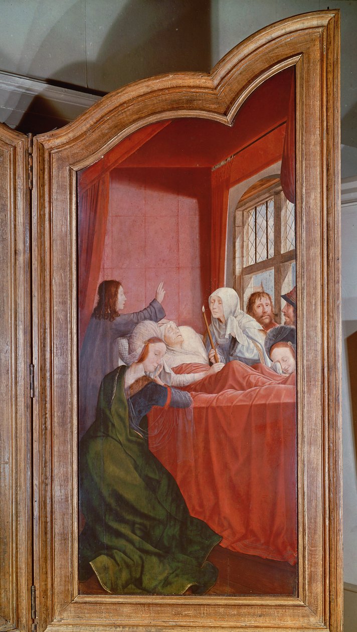 Det hellige slægtskab, eller St. Annes altertavle, detalje på højre panel, der viser St. Annes død, 1509 af Quentin Massys or Metsys