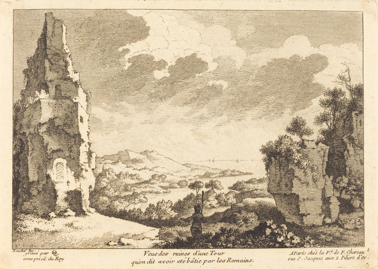Udsigt over ruinerne af et tårn, der siges at være bygget af romerne af Quentin Pierre Chedel after François Boucher