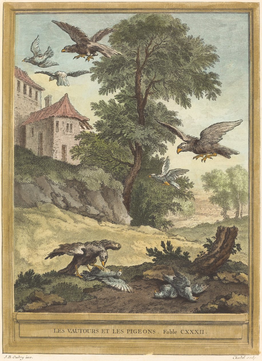 Gribbe og duer af Quentin Pierre Chedel after Jean Baptiste Oudry
