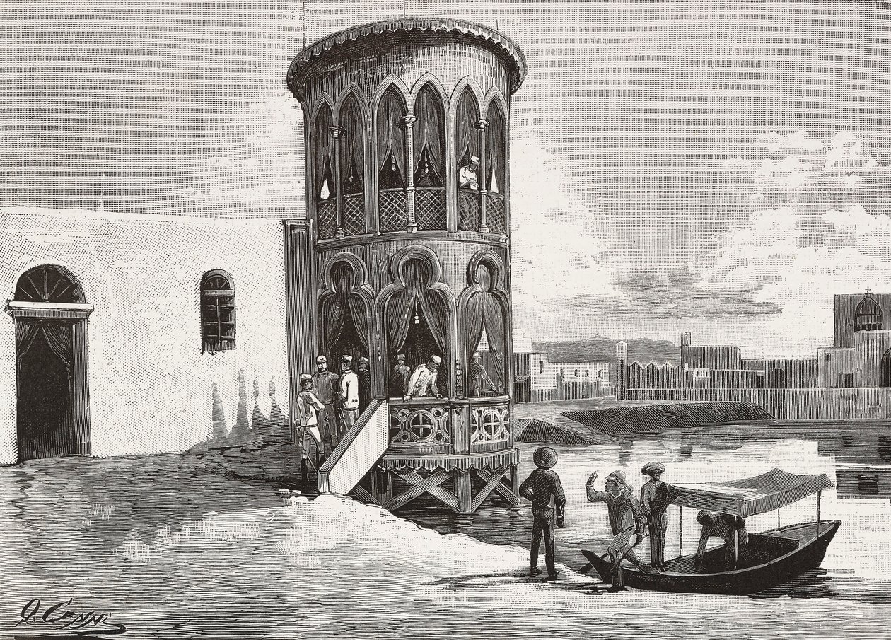 Et maurisk lille tårn, der huser klubben af de italienske officerer, Massawa, Eritrea, gravering fra en tegning af Quinto Cenni og en skitse af Pieragostini, fra L