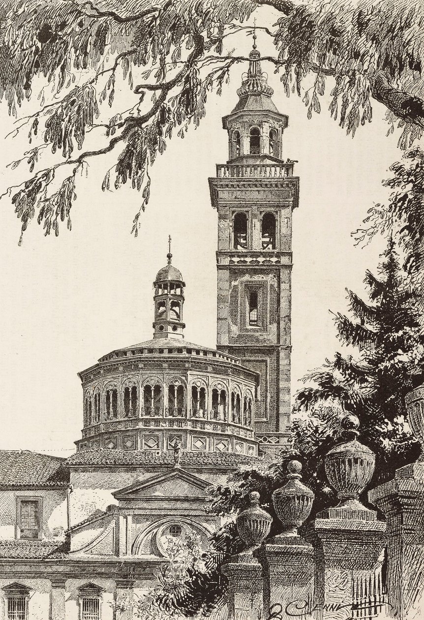Beata Vergine dei Miracoli Sanctuary, Saronno, Italien, gravering fra en tegning af Quinto Cenni, fra L