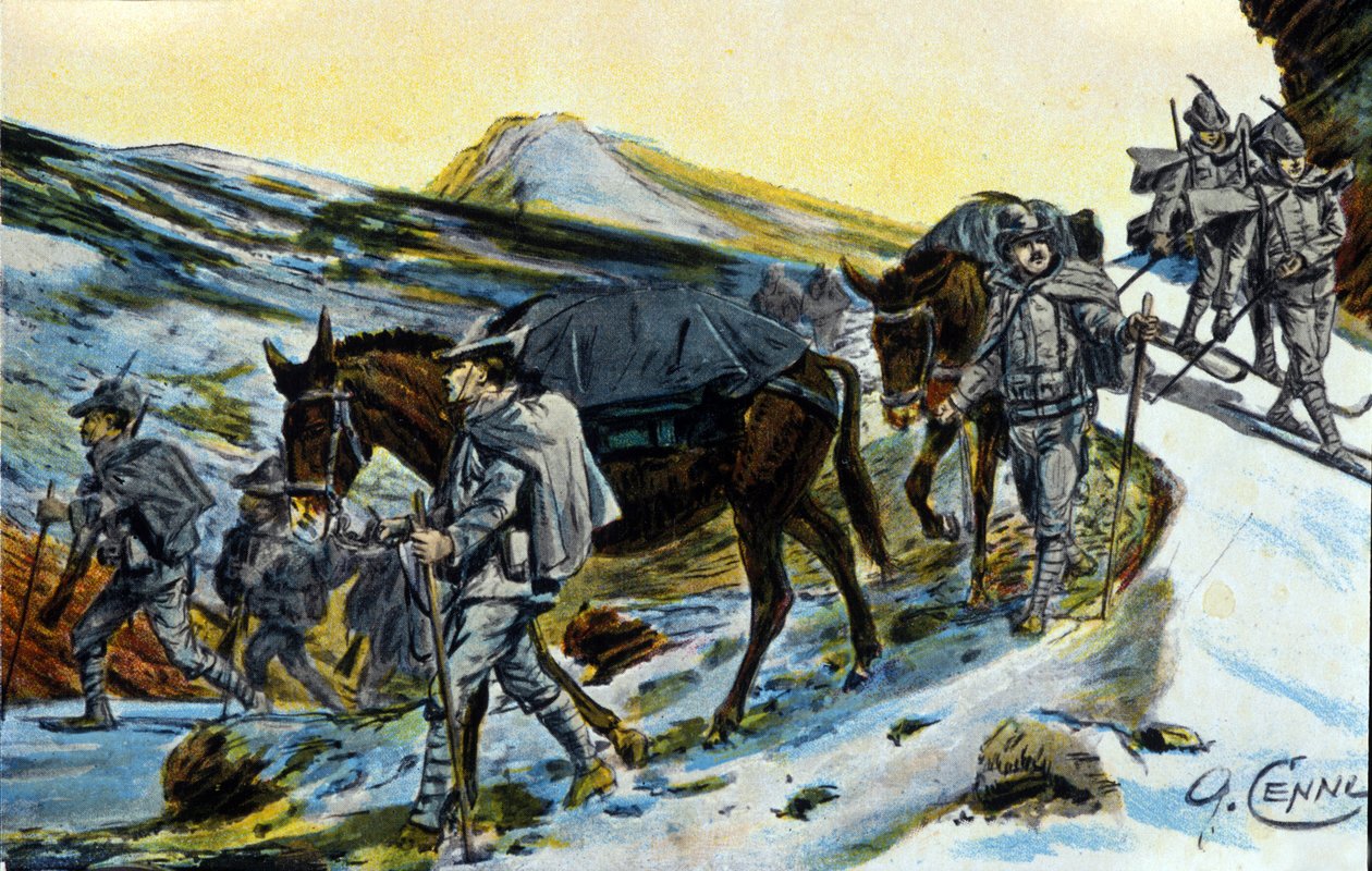 Første Verdenskrig: gruppe af italienske alpejægere i anerkendelse med deres muldyr i 1915. Illustration af Quinto Cenni (1845-1917) af Quinto Cenni