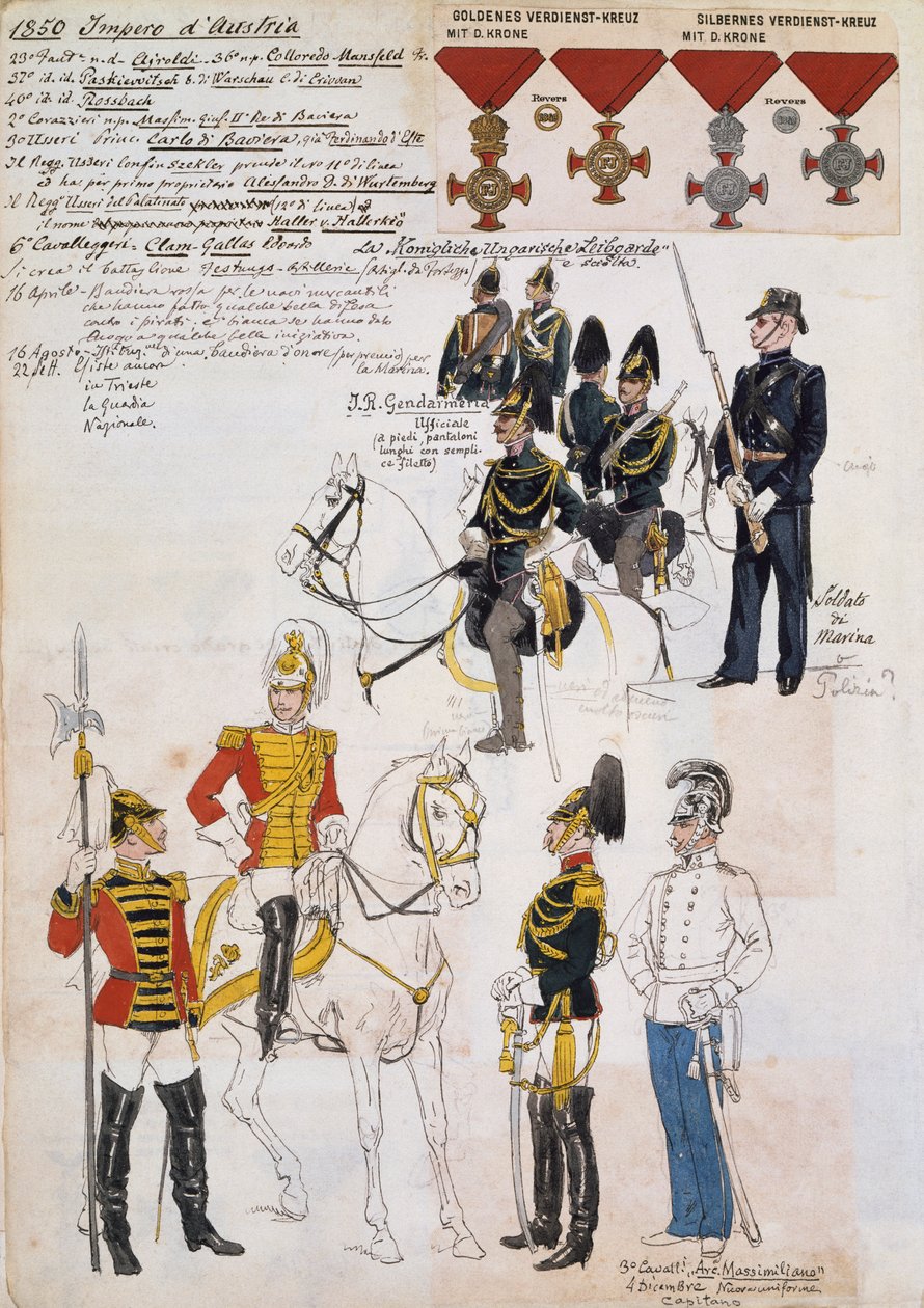Gendarmer, flådesoldater og officerer fra det tredje kavaleri, ærkehertug Maximilian, uniformer fra det østrigske imperium (gendarmer, flådesoldater og officerer fra 3. kavaleri, ærkehertug Maximilian-regiment), uniformer fra det østrigske imperium af Quinto Cenni