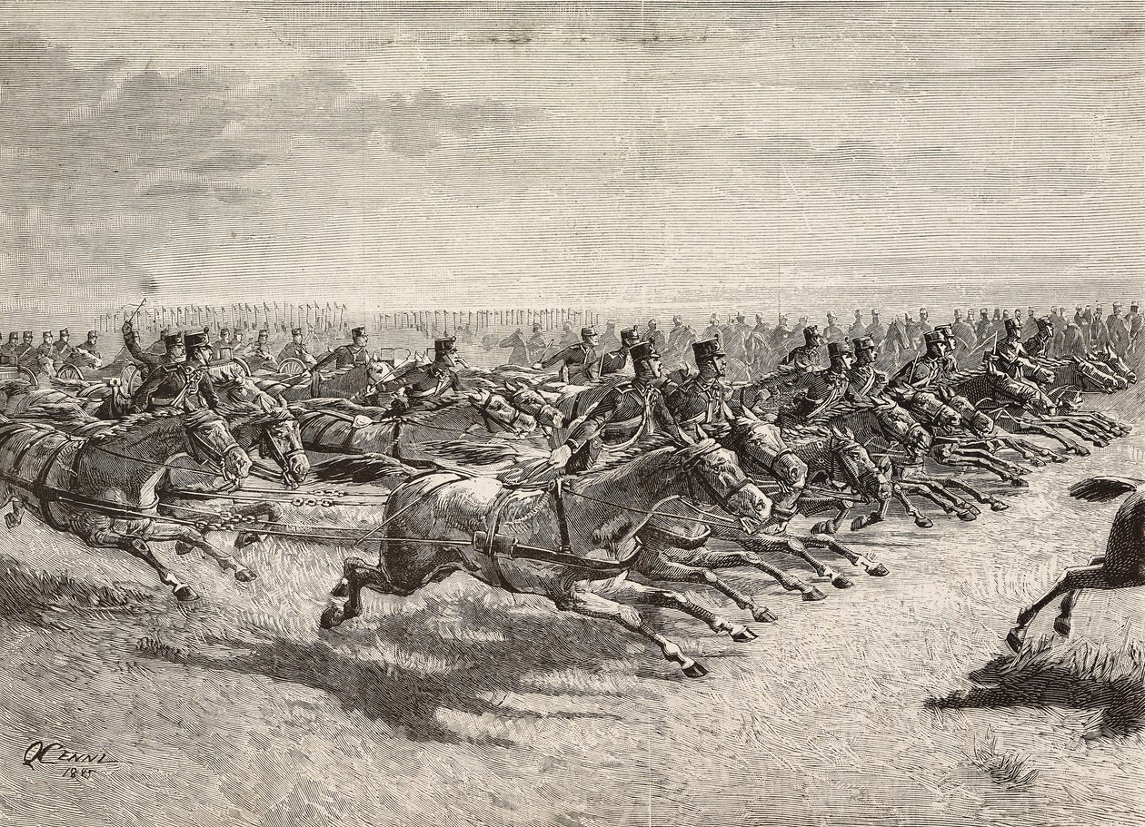 Hesteartilleri af den italienske hær passerer i fuld galop, Lombardiet, Italien, gravering fra en tegning af Quinto Cenni, fra L