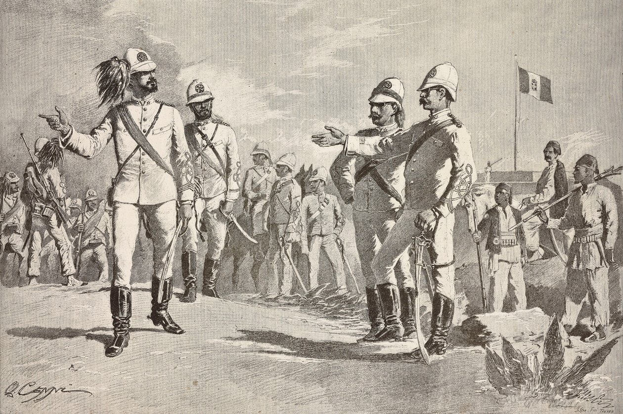 Italienske og lokale soldater, i uniformer fra den italienske hær i Afrika, Massawa, Eritrea, gravering fra en tegning af Quinto Cenni, fra L
