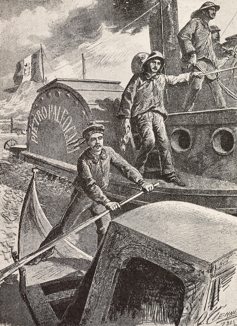 Italienske militæringeniører, lagunebrigade, på arbejde i deres nye uniformer, gravering fra tegning af Quinto Cenni, fra L
