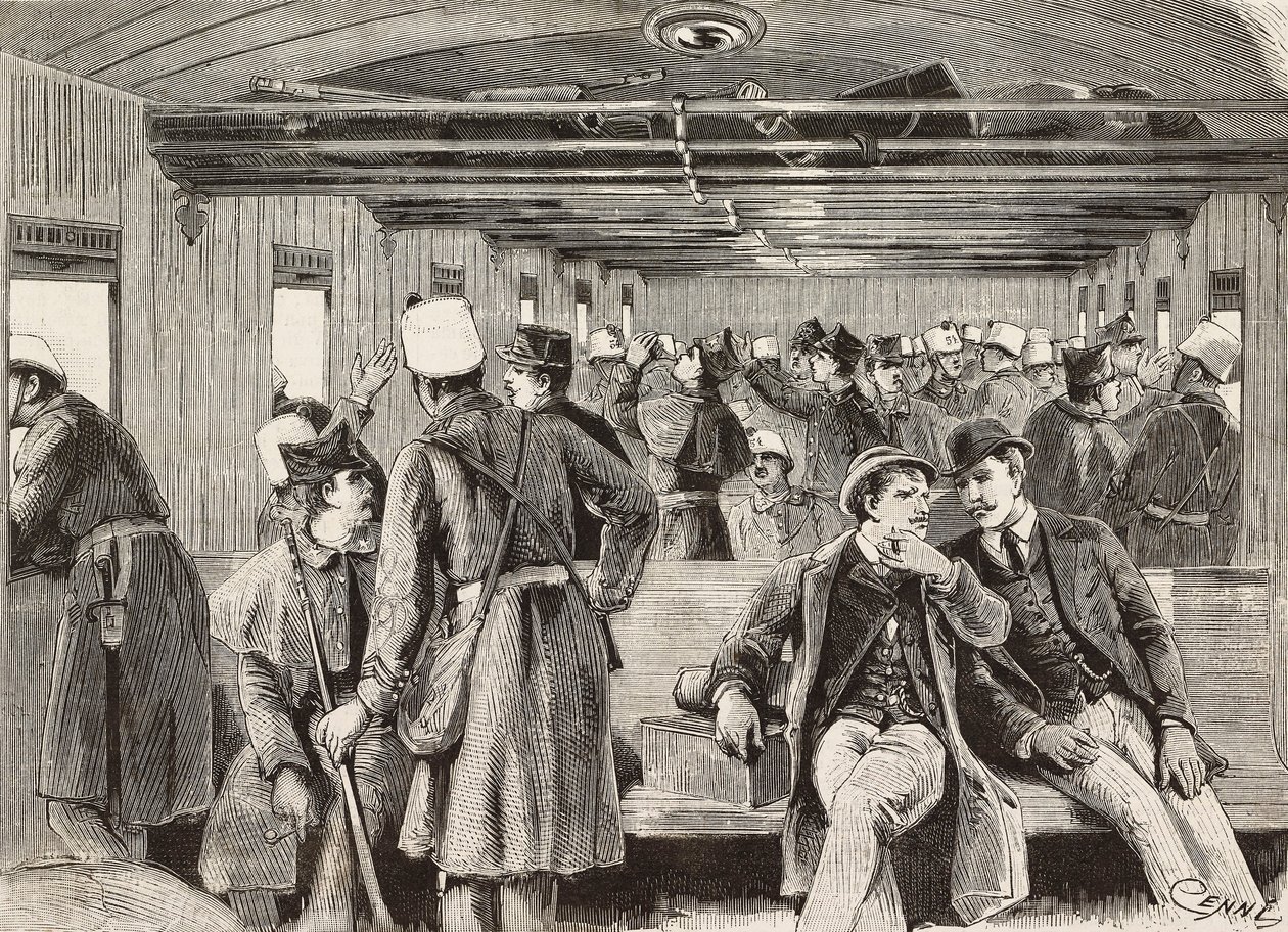Italienske soldater i tog på vej til Napoli, Italien, anden italiensk ekspedition i Rødehavet, gravering fra tegning af Quinto Cenni og skitse af M Dal Don, fra L