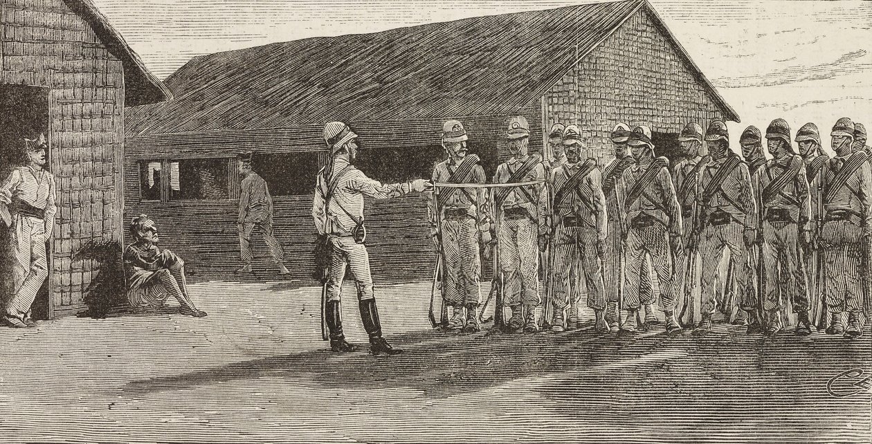 Italienske soldater står i formation, Massawa, Eritrea, stik efter en tegning af Quinto Cenni og en skitse af Pieragostini, fra L