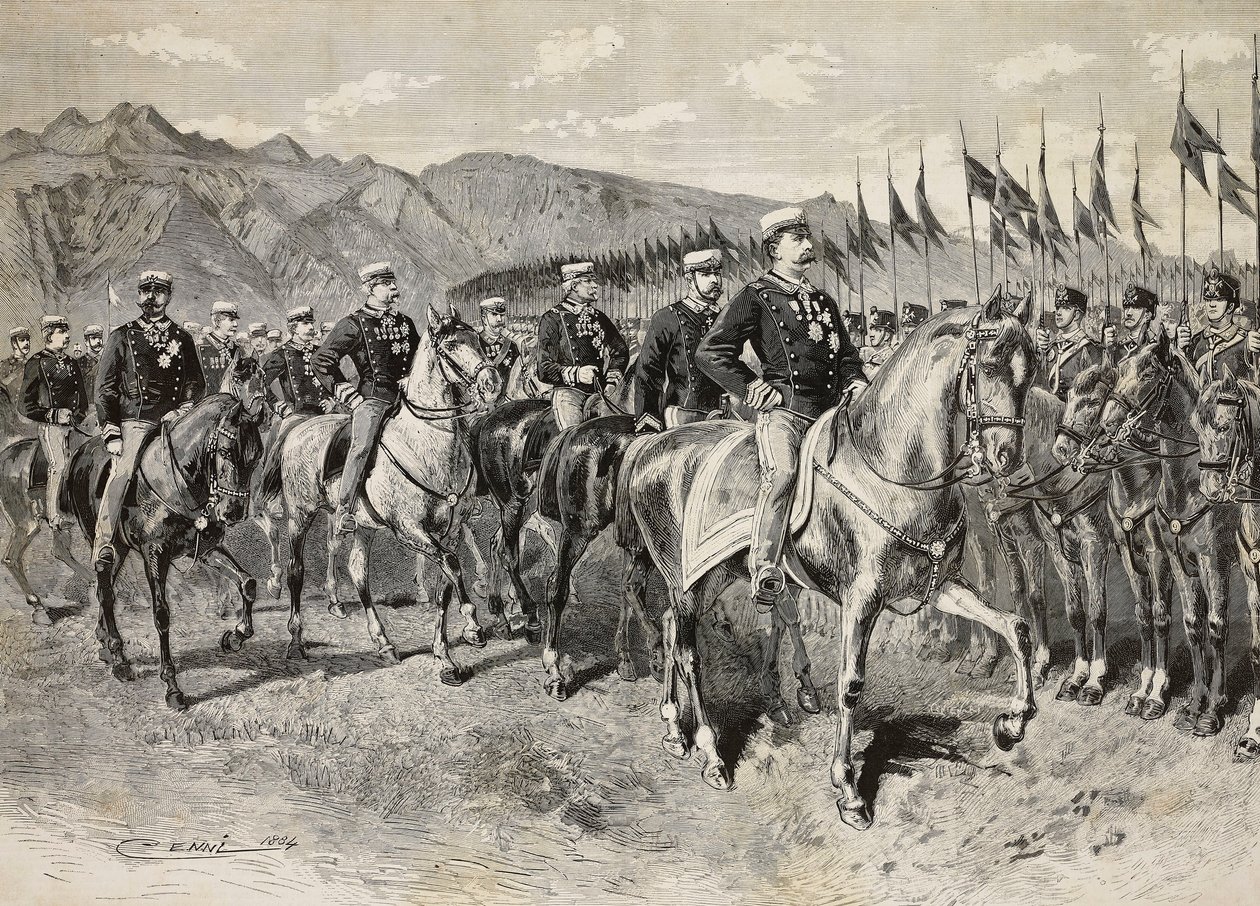 Kong Umberto I inspicerer Firenze-lanterne, med general Martin di Montu bag sig, 28. september, kavaleriøvelser i Pordenone, Italien, stik efter tegning af Quinto Cenni, fra L