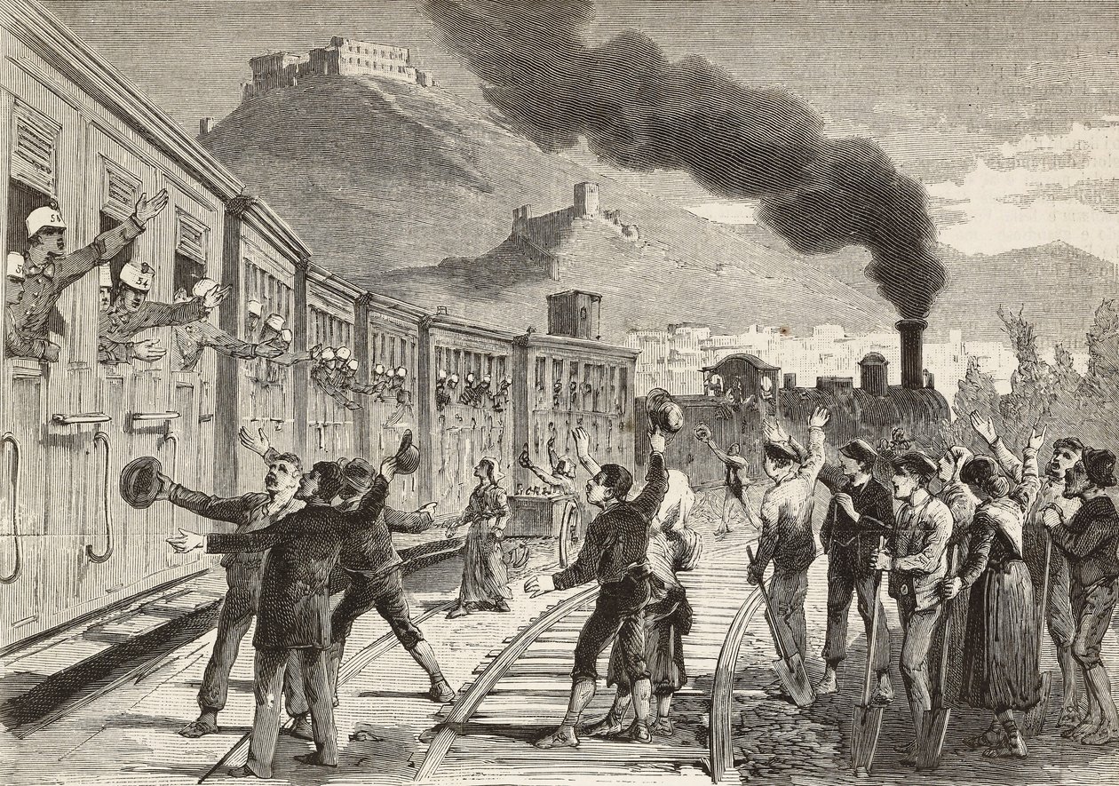 Mænd og kvinder siger farvel til italienske soldater, der tager afsted fra Cassino-banegården, Italien, gravering fra tegning af Quinto Cenni og skitse af M Dal Don, fra L