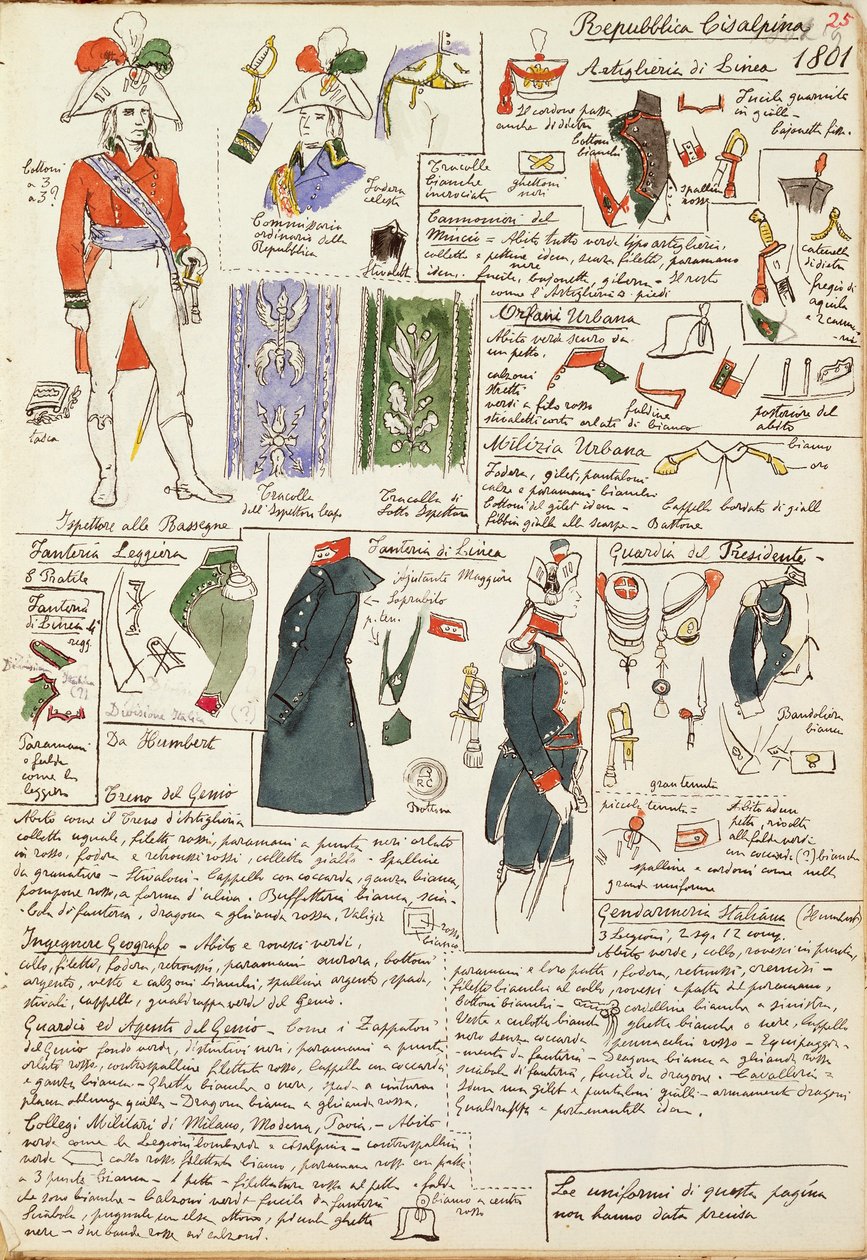 Militære uniformer på den cisalpine republiks tid fra 1801. Farveplade af Cenni Quinto af Quinto Cenni