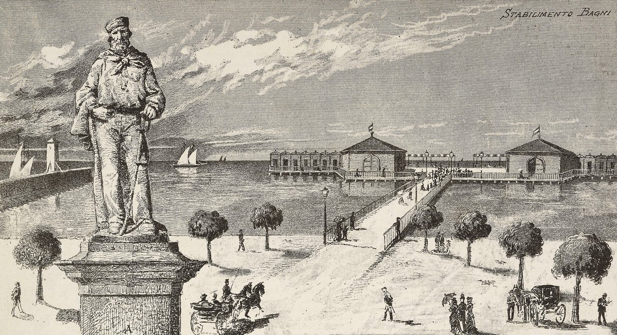 Monument til minde om Giuseppe Garibaldi (1807-1882), italiensk politiker og patriot, og badeanstalt i baggrunden, Cesenatico, Italien af Quinto Cenni